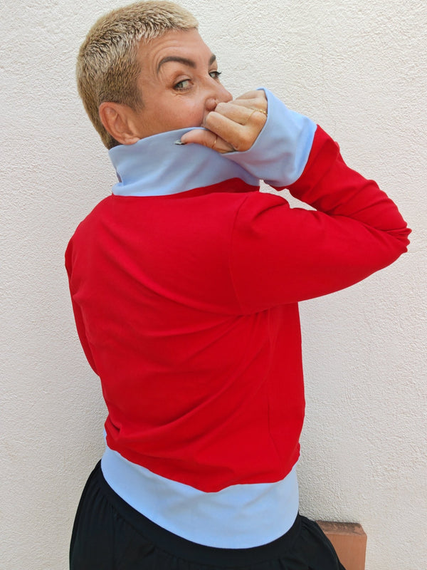 New Zip Jacket in red with pastel blue rib - Manners London