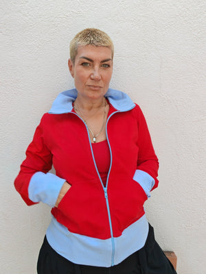 New Zip Jacket in red with pastel blue rib - Manners London