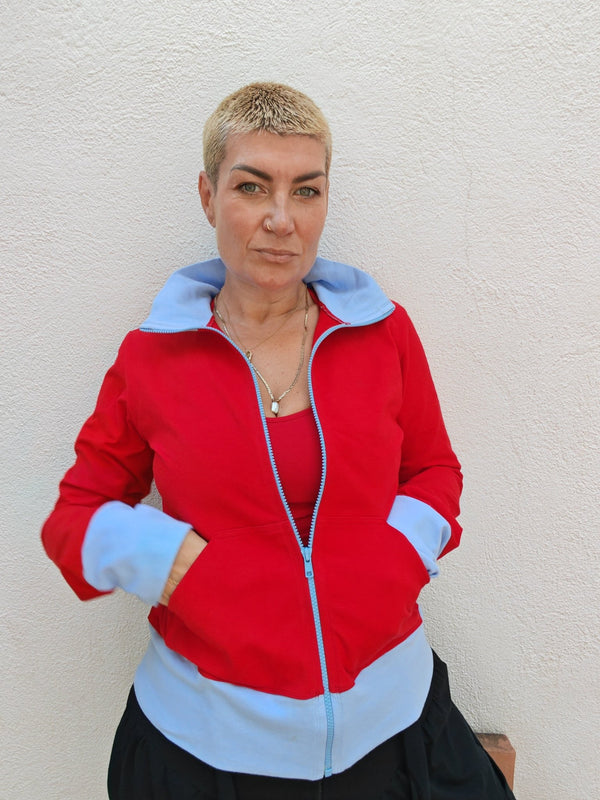 New Zip Jacket in red with pastel blue rib - Manners London