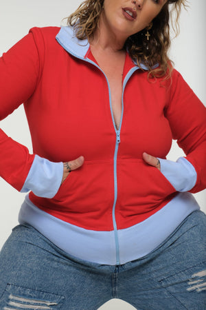 New Zip Jacket in red with pastel blue rib - Manners London