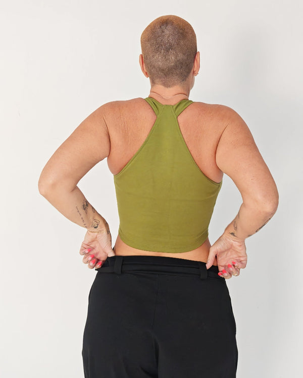 Otta Crop Top Tri-Back Thick Strap in Guacomole - Manners London
