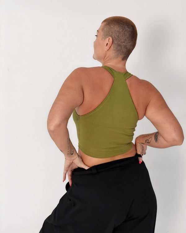 Otta Crop Top Tri-Back Thick Strap in Guacomole - Manners London