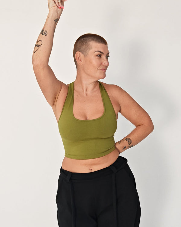 Otta Crop Top Tri-Back Thick Strap in Guacomole - Manners London