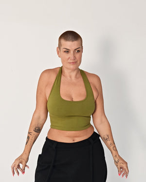 Otta Crop Top Tri-Back Thick Strap in Guacomole - Manners London