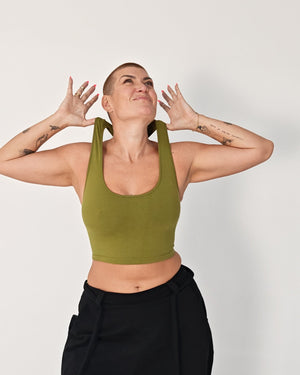Otta Crop Top Tri-Back Thick Strap in Guacomole - Manners London