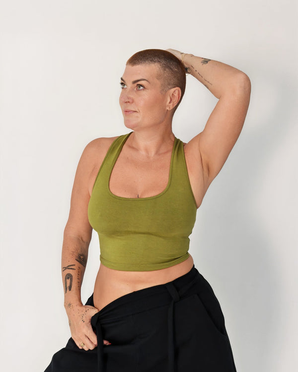 Otta Crop Top Tri-Back Thick Strap in Guacomole - Manners London