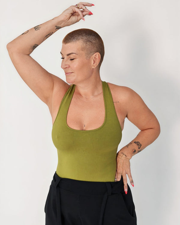Otta Full Length Top Tri-Back Thick Strap in Guacomole - Manners London