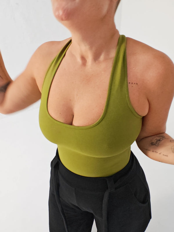 Otta Full Length Top Tri-Back Thick Strap in Guacomole - Manners London