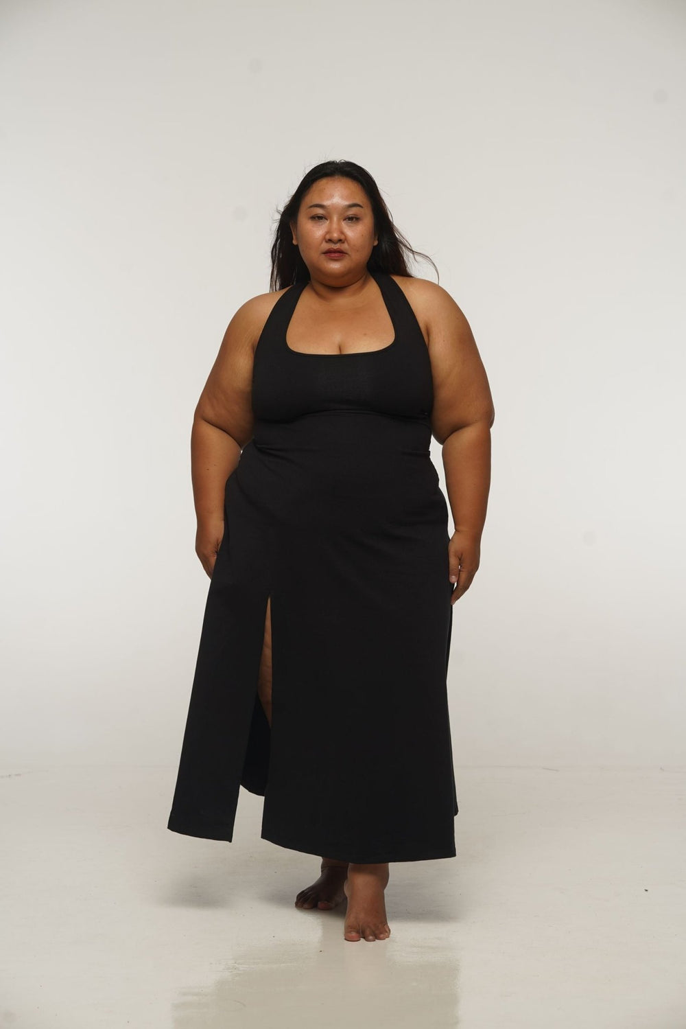 Otta Midi Dress A-Line with Split Tri-Back Thick Strap in Black Otta Midi Dress A-Line with Split Tri-Back Thick Strap in Black