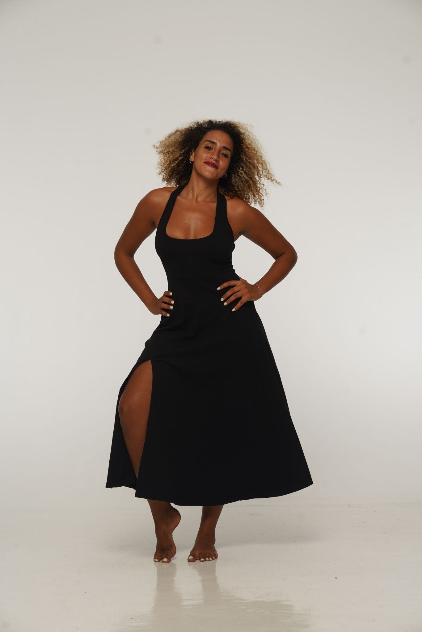 Otta Midi Dress A-Line with Split Tri-Back Thick Strap in Black