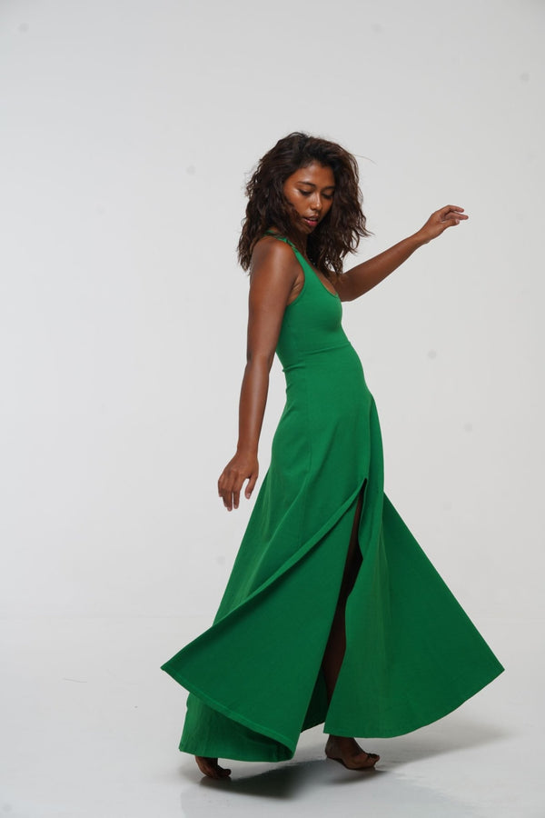 Otta Midi Dress A-Line with Split Tri-Back Thick Strap in Grass Green - Manners London