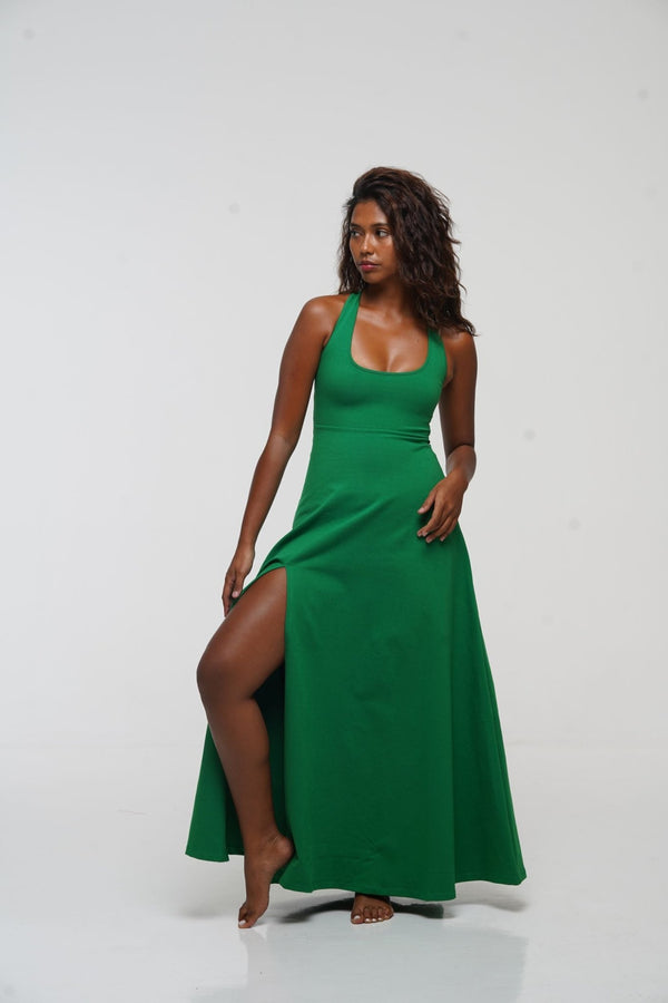 Otta Midi Dress A-Line with Split Tri-Back Thick Strap in Grass Green - Manners London