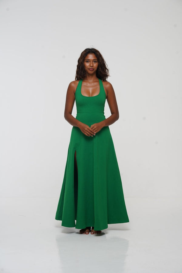 Otta Midi Dress A-Line with Split Tri-Back Thick Strap in Grass Green - Manners London