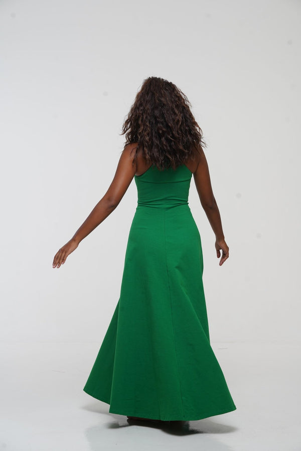Otta Midi Dress A-Line with Split Tri-Back Thick Strap in Grass Green - Manners London