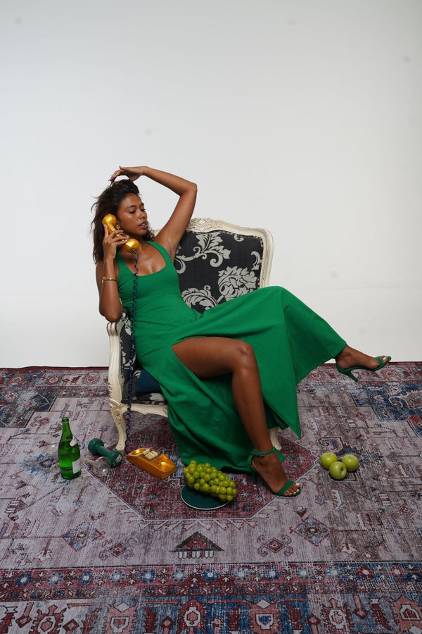 Otta Midi Dress A-Line with Split Tri-Back Thick Strap in Grass Green - Manners London