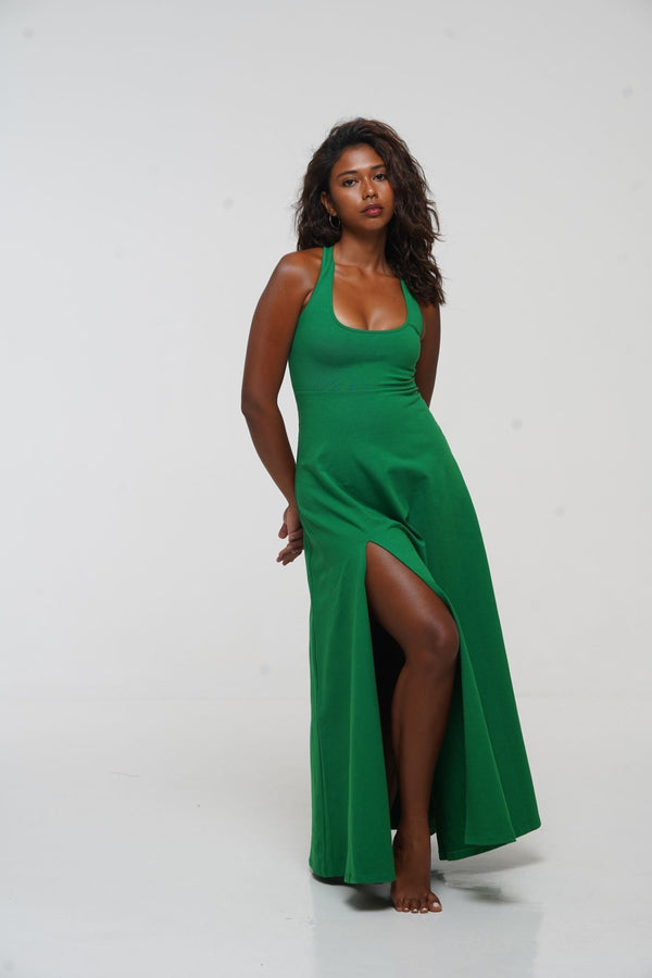 Otta Midi Dress A-Line with Split Tri-Back Thick Strap in Grass Green - Manners London