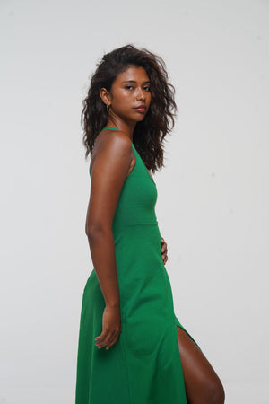 Otta Midi Dress A-Line with Split Tri-Back Thick Strap in Grass Green - Manners London