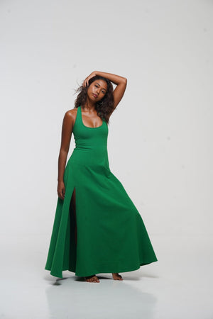 Otta Midi Dress A-Line with Split Tri-Back Thick Strap in Grass Green - Manners London