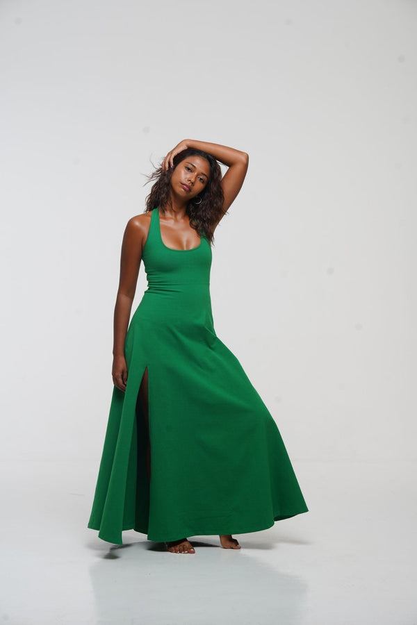 Otta Midi Dress A-Line with Split Tri-Back Thick Strap in Grass Green - Manners London