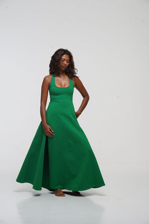 Otta Midi Dress A-Line with Split Tri-Back Thick Strap in Grass Green - Manners London