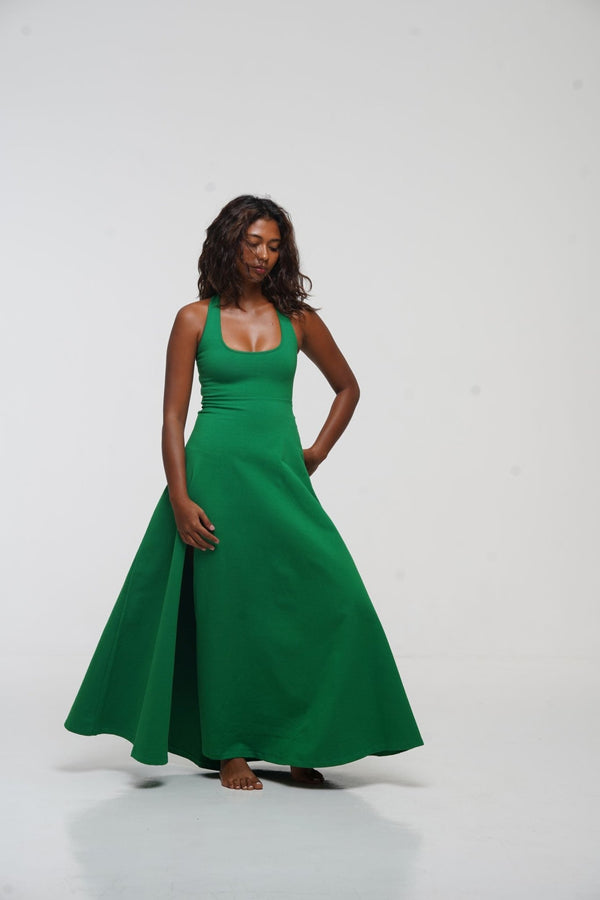 Otta Midi Dress A-Line with Split Tri-Back Thick Strap in Grass Green - Manners London