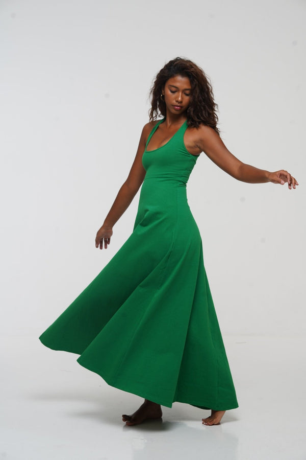 Otta Midi Dress A-Line with Split Tri-Back Thick Strap in Grass Green - Manners London
