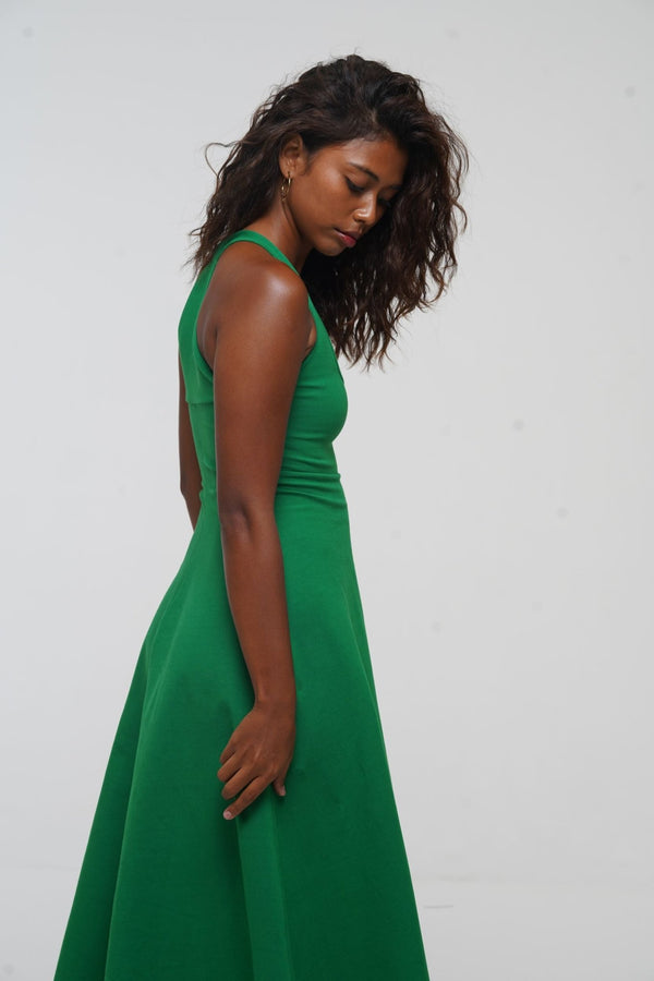 Otta Midi Dress A-Line with Split Tri-Back Thick Strap in Grass Green - Manners London