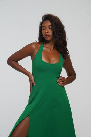 Otta Midi Dress A-Line with Split Tri-Back Thick Strap in Grass Green - Manners London
