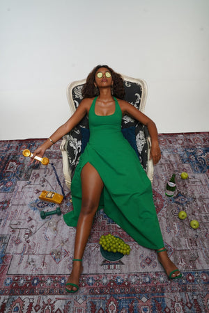 Otta Midi Dress A-Line with Split Tri-Back Thick Strap in Grass Green - Manners London