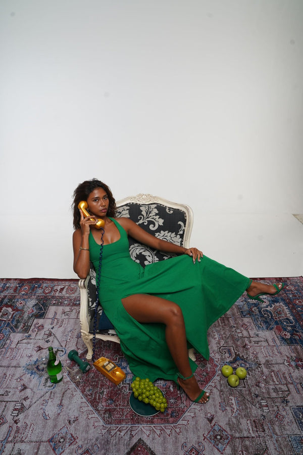 Otta Midi Dress A-Line with Split Tri-Back Thick Strap in Grass Green - Manners London