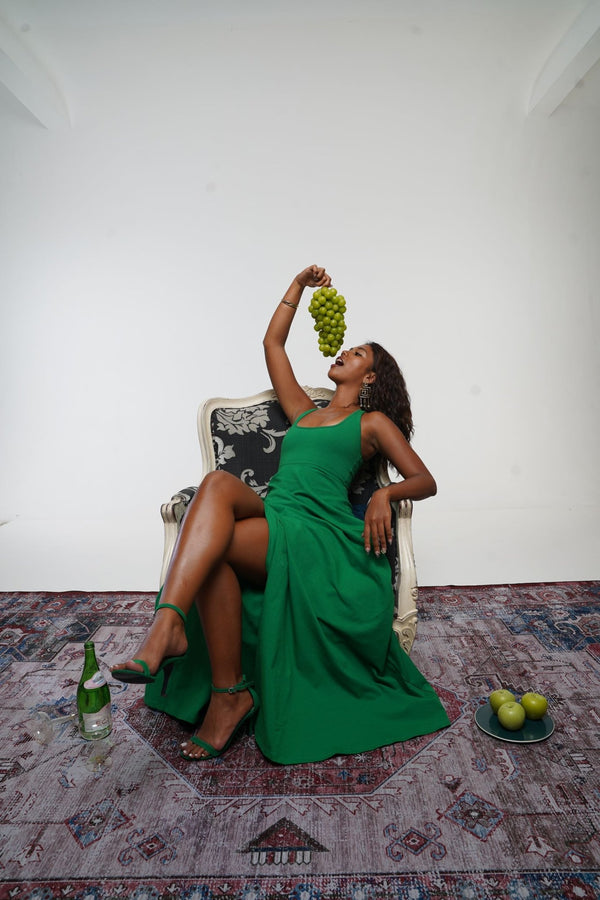 Otta Midi Dress A-Line with Split Tri-Back Thick Strap in Grass Green - Manners London