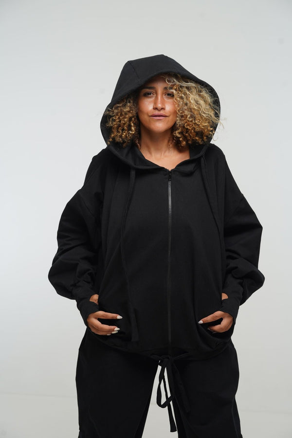 Oversized Balloon Hoodie with Zip in Black - Manners London