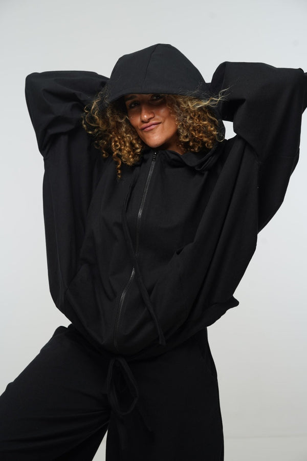 Oversized Balloon Hoodie with Zip in Black - Manners London