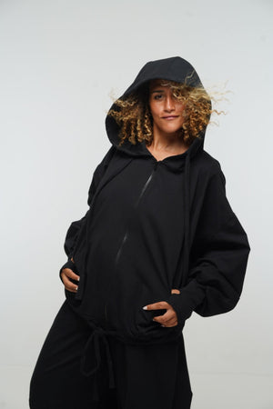 Oversized Balloon Hoodie with Zip in Black - Manners London