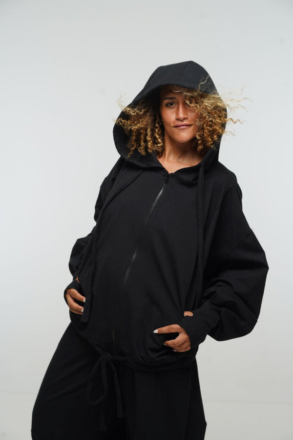 Oversized Balloon Hoodie with Zip in Black - Manners London