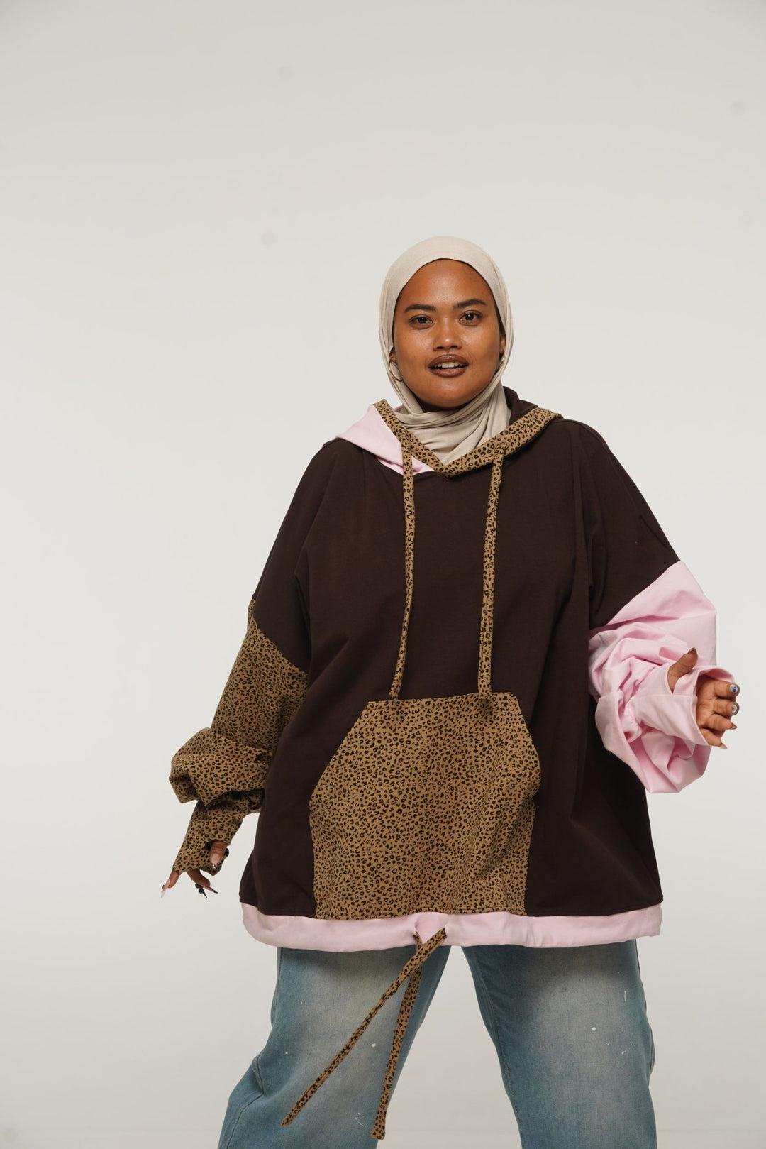 Oversized Extra Snug Hoodie in Cafe/Baby Pink/Leopard - Manners London