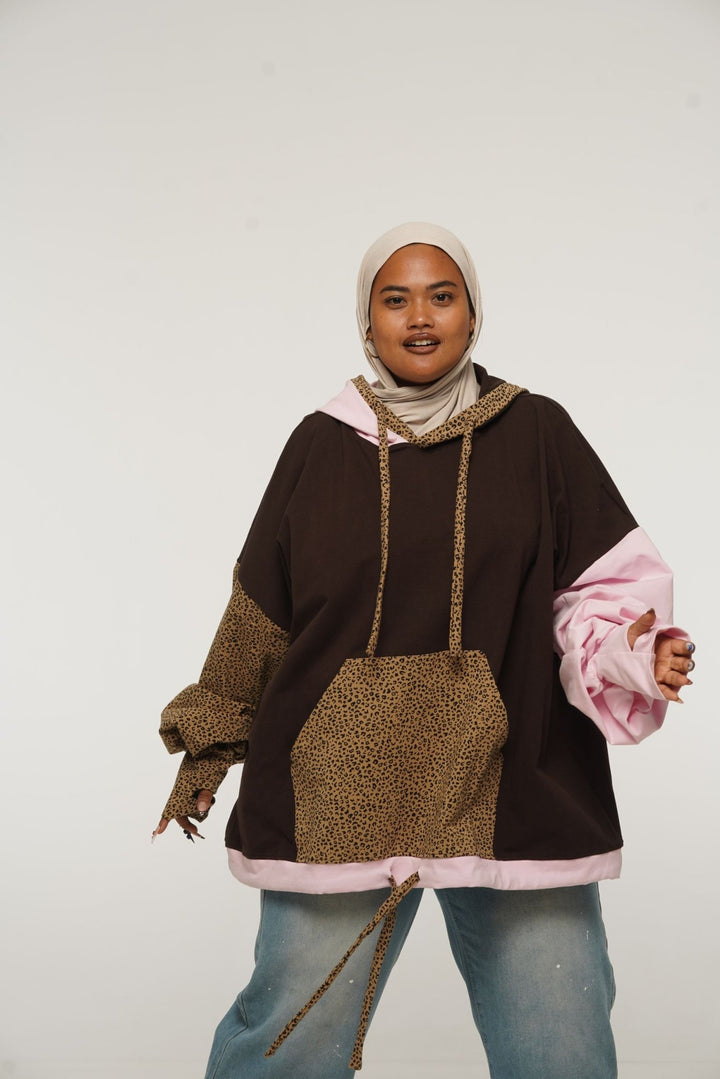 Oversized Extra Snug Hoodie in Cafe/Baby Pink/Leopard - Manners London