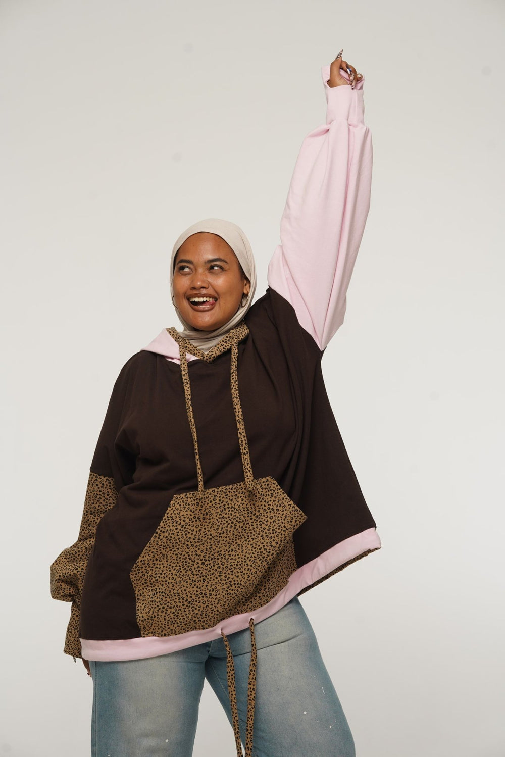 Oversized Extra Snug Hoodie in Cafe/Baby Pink/Leopard - Manners London