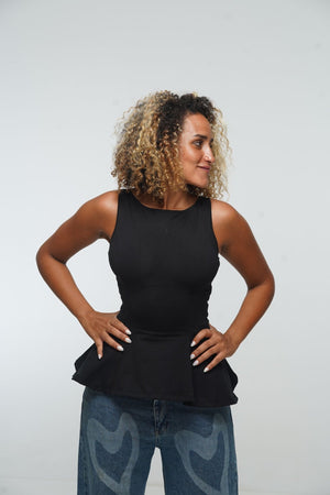 Peplum Boat Neck top With Pockets in Black - Manners London