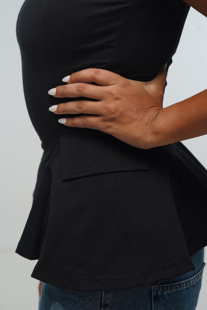 Peplum Boat Neck top With Pockets in Black - Manners London
