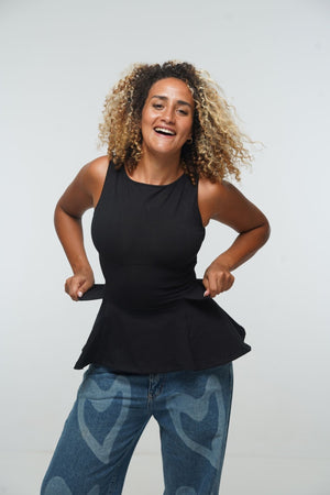 Peplum Boat Neck top With Pockets in Black - Manners London