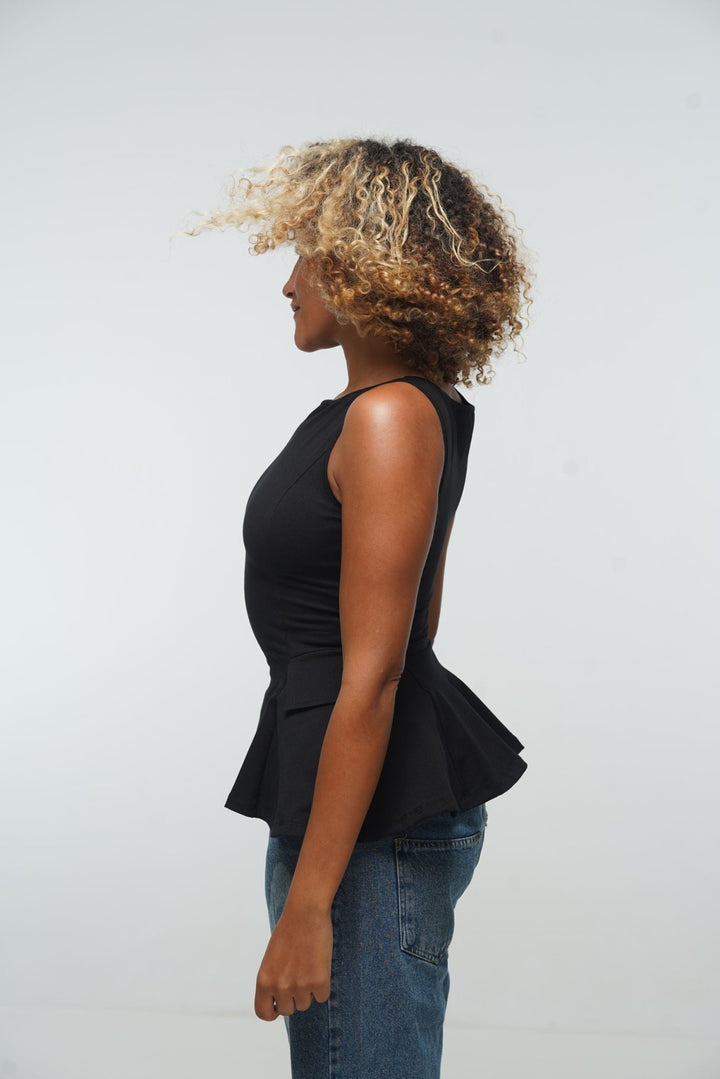 Peplum Boat Neck top With Pockets in Black - Manners London