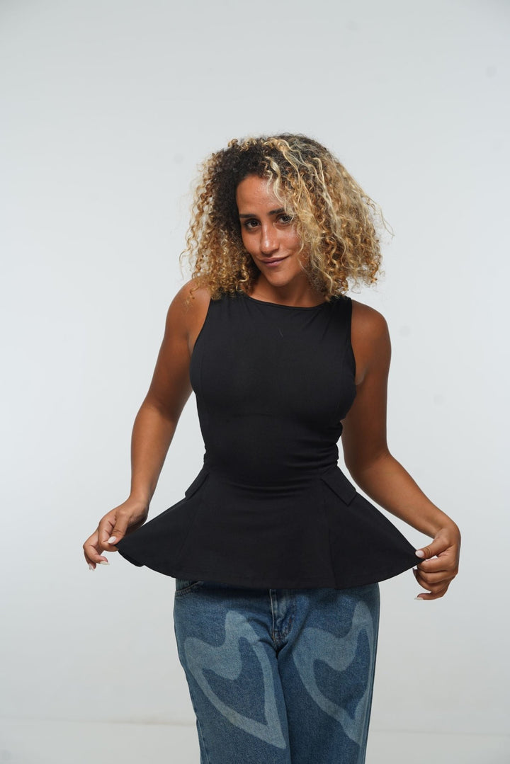 Peplum Boat Neck top With Pockets in Black - Manners London