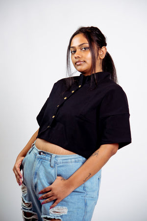 Popper Mid Crop short sleeved shirt in Black - Manners London