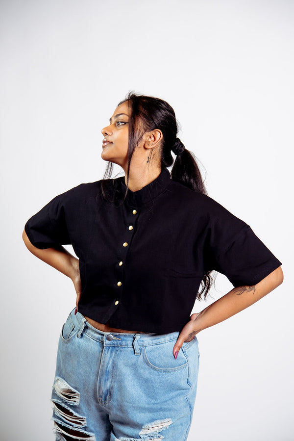 Popper Mid Crop short sleeved shirt in Black - Manners London