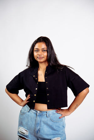 Popper Mid Crop short sleeved shirt in Black - Manners London