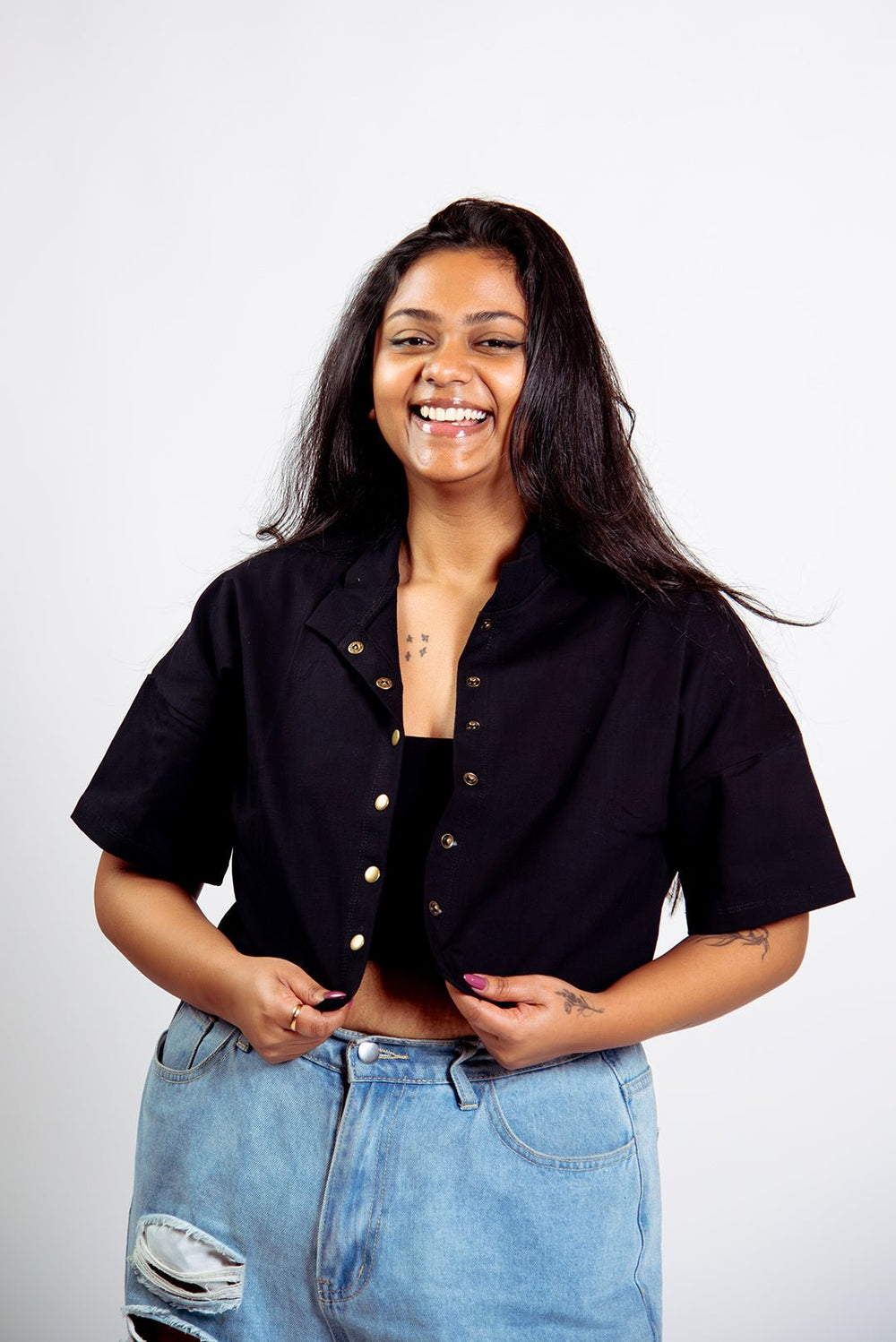 Popper Mid Crop short sleeved shirt in Black - Manners London