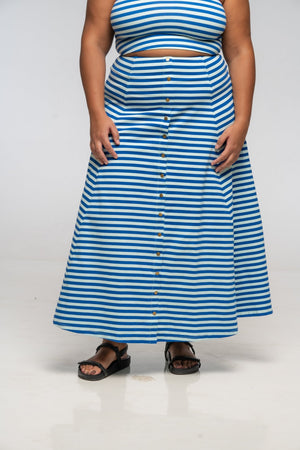 Popper Skirt Midi in Blue / Mint Stripe - Manners London