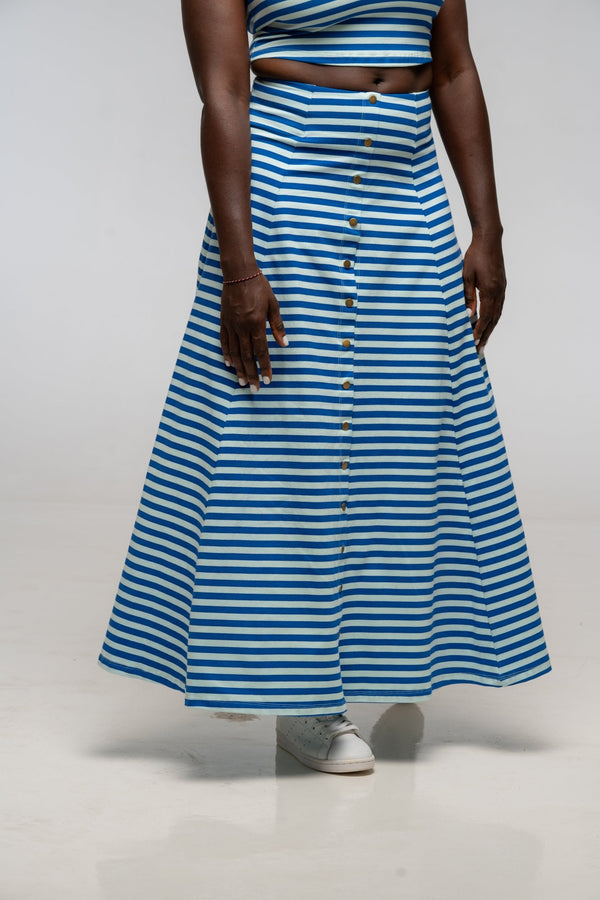 Popper Skirt Midi in Blue / Mint Stripe - Manners London