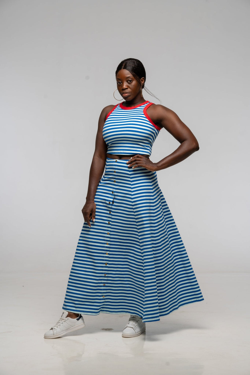 Popper Skirt Midi in Blue / Mint Stripe - Manners London